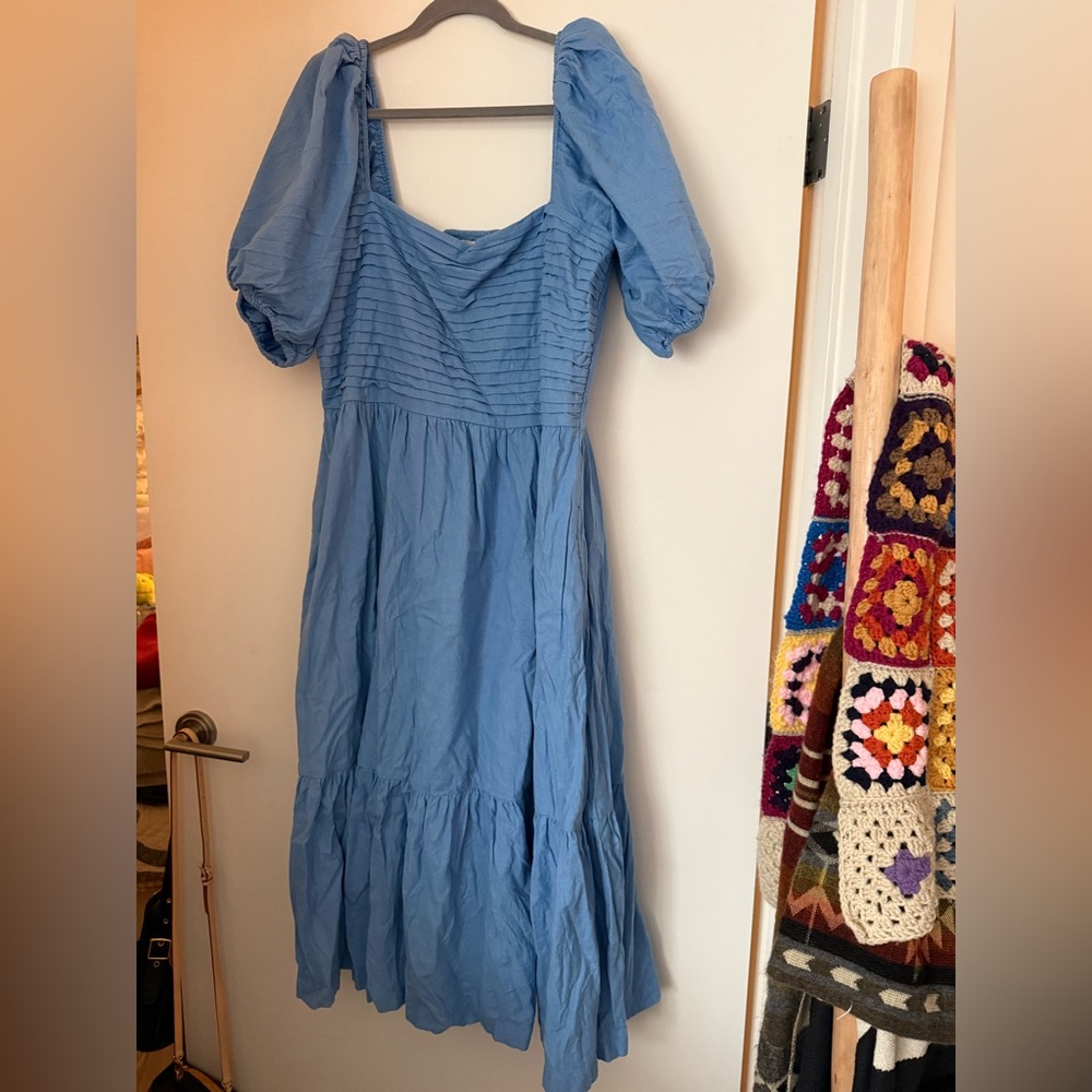 Abercrombie & Fitch Blue Tiered Emerson Poplin Puff Sleeve Midi Dress Sz XLT